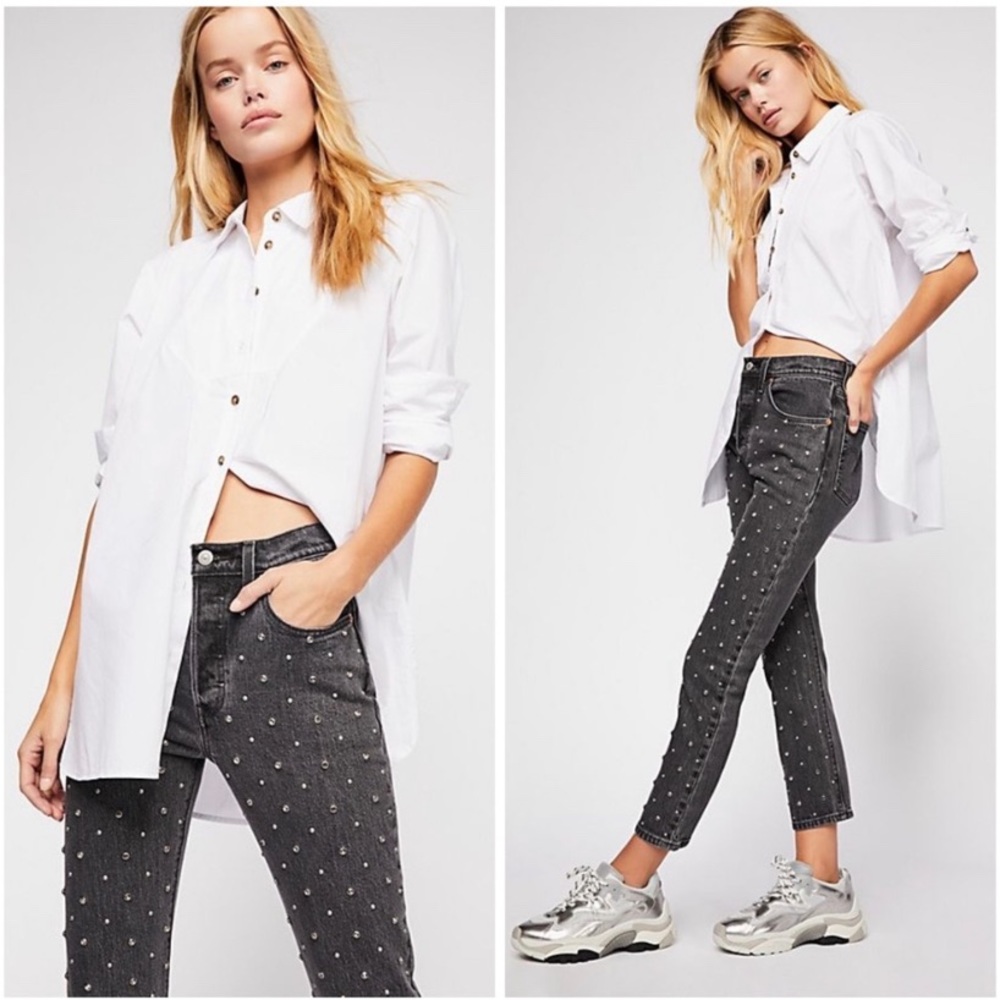 Levi 501 Crystal Embroidered Crop Black Jeans Size 26